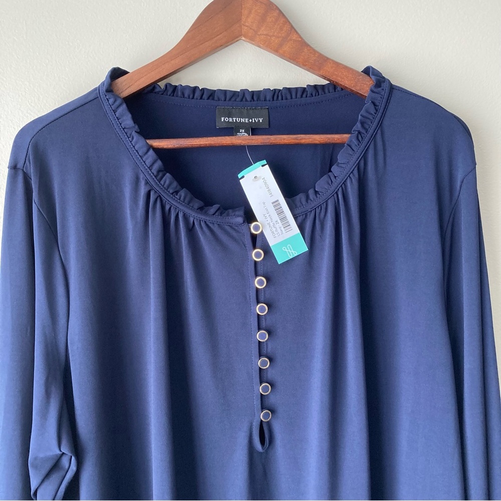 Fortune‎ & Ivy 2X Long Sleeve Ruffle Neck Blouse Top Navy Blue - Picture 2 of 11